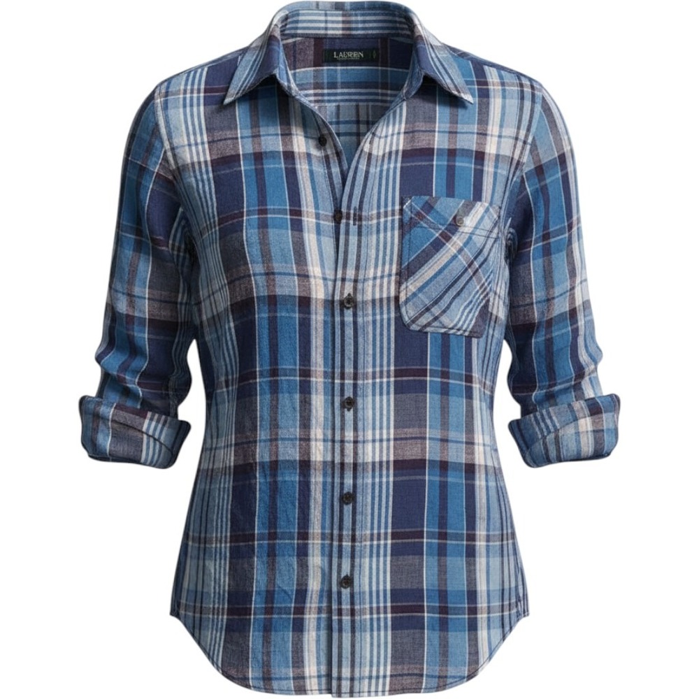 Lauren Ralph Lauren Linen Long Sleeve Button Down Shirt Womens M Plaid Top‎ New